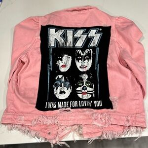 Zara Kiss Band Pink Puff Sleeve Distressed Denim Jacket | Women Small